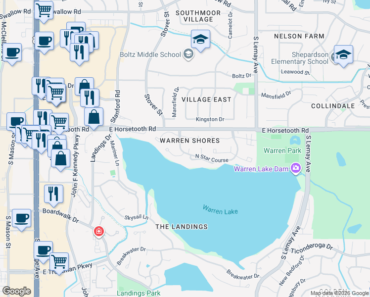 map of restaurants, bars, coffee shops, grocery stores, and more near 801 Warren Landing in Fort Collins