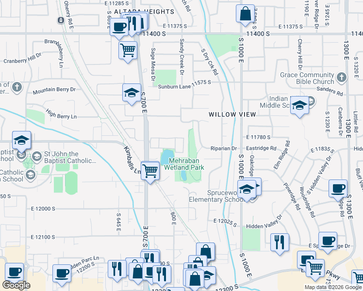 map of restaurants, bars, coffee shops, grocery stores, and more near 781 Sunset Ponds Drive in Draper