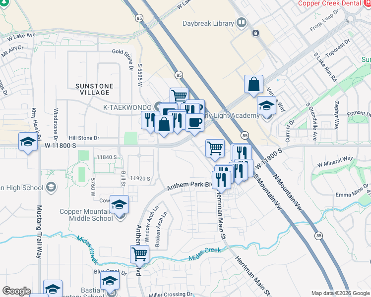 map of restaurants, bars, coffee shops, grocery stores, and more near 5419 West Daybreak Parkway in South Jordan