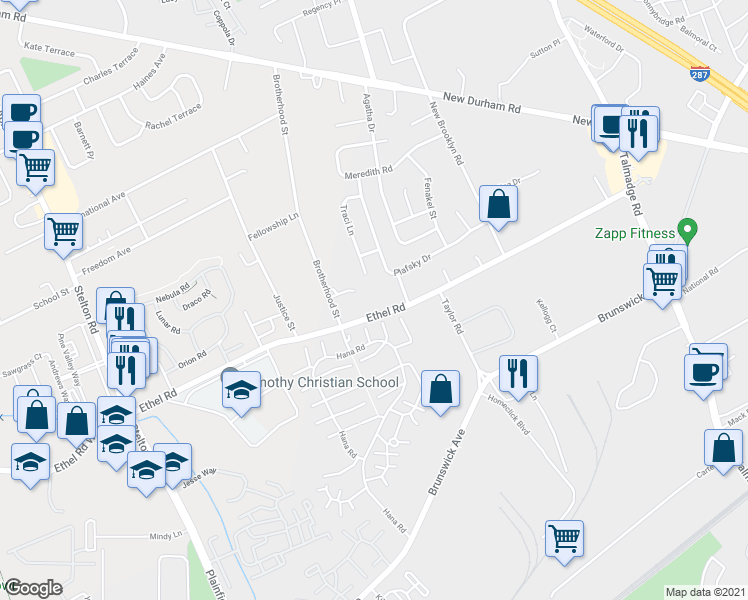 map of restaurants, bars, coffee shops, grocery stores, and more near 29 Traci Lane in Edison
