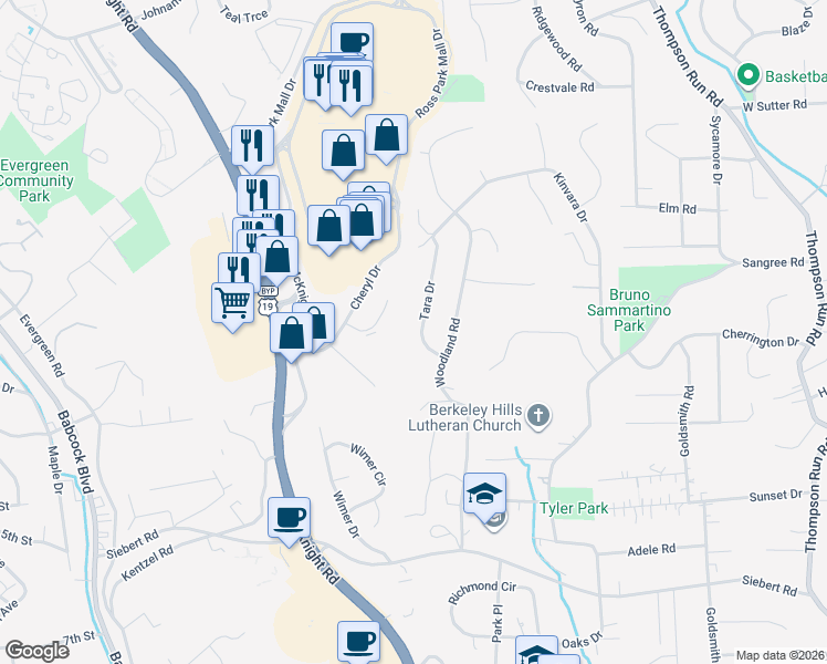 map of restaurants, bars, coffee shops, grocery stores, and more near 612 Tara Drive in Pittsburgh