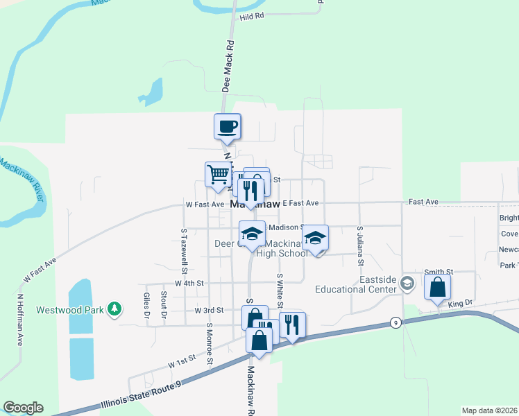 map of restaurants, bars, coffee shops, grocery stores, and more near in Mackinaw