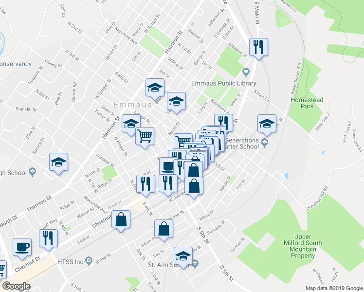 map of restaurants, bars, coffee shops, grocery stores, and more near 333 Ridge Street in Emmaus