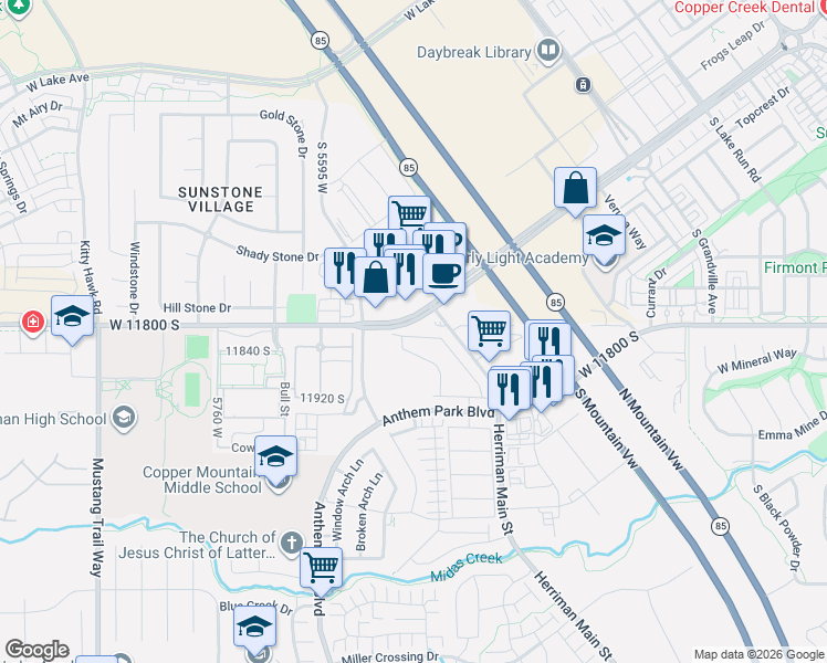 map of restaurants, bars, coffee shops, grocery stores, and more near 5446 West Rushmore Park Drive in Herriman