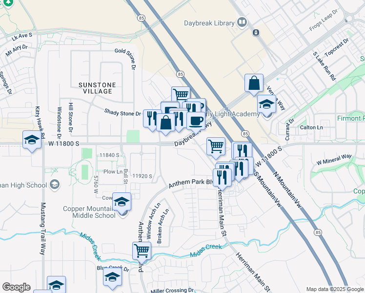 map of restaurants, bars, coffee shops, grocery stores, and more near 5446 West Rushmore Park Drive in Herriman