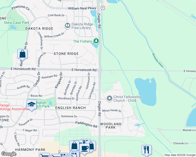 map of restaurants, bars, coffee shops, grocery stores, and more near 3018 Antelope Road in Fort Collins