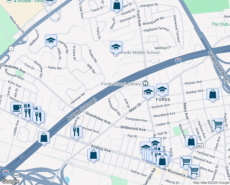 map of restaurants, bars, coffee shops, grocery stores, and more near 38 Marlin Drive in Edison