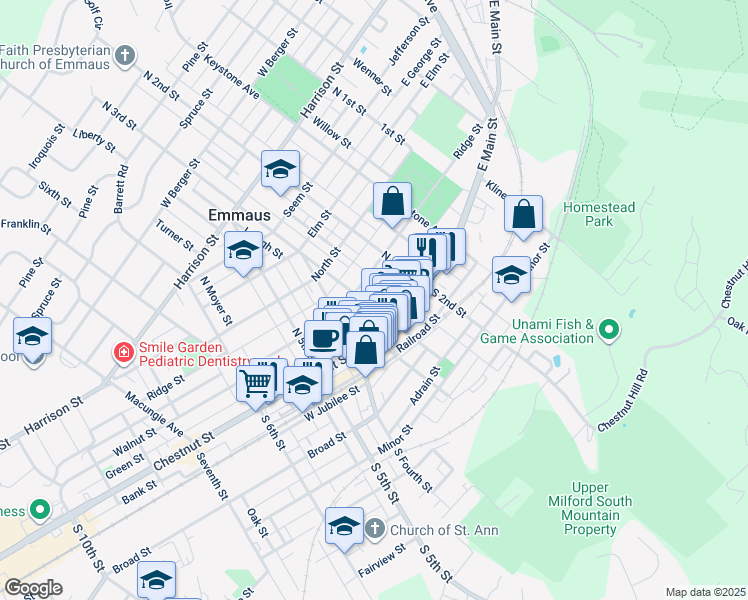 map of restaurants, bars, coffee shops, grocery stores, and more near 33 North 3rd Street in Emmaus