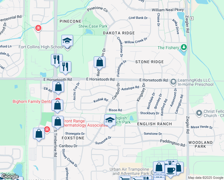 map of restaurants, bars, coffee shops, grocery stores, and more near 2531 Antelope Road in Fort Collins
