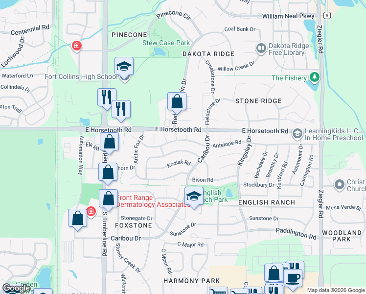 map of restaurants, bars, coffee shops, grocery stores, and more near 3608 Red Wolf Place in Fort Collins