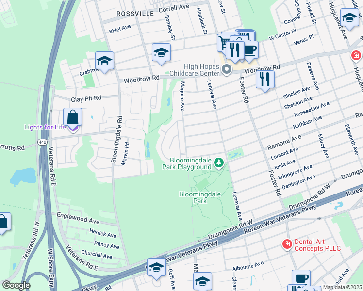 map of restaurants, bars, coffee shops, grocery stores, and more near 45 Santa Monica Lane in Staten Island
