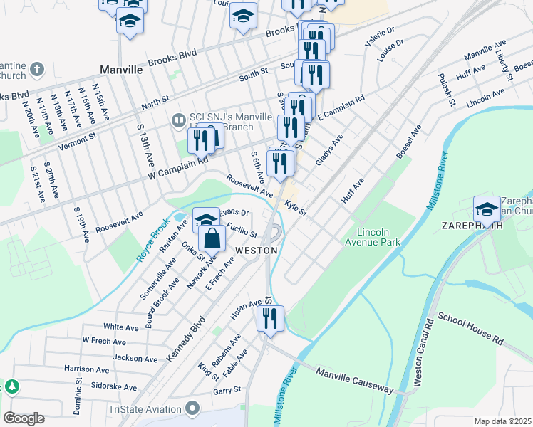 map of restaurants, bars, coffee shops, grocery stores, and more near 404 South Main Street in Manville