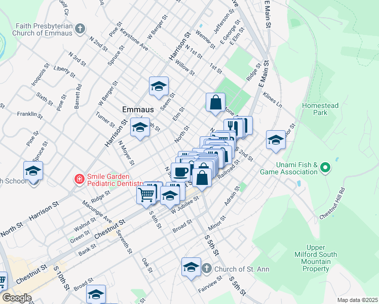 map of restaurants, bars, coffee shops, grocery stores, and more near 239 Ridge Street in Emmaus