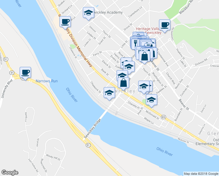 map of restaurants, bars, coffee shops, grocery stores, and more near 200 Walnut Street in Sewickley