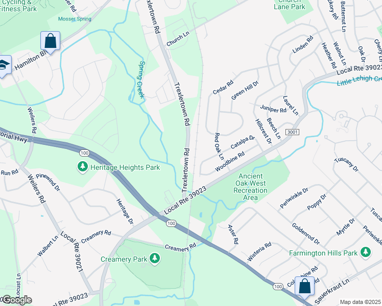 map of restaurants, bars, coffee shops, grocery stores, and more near 1647 Trexlertown Road in Macungie