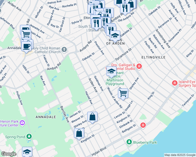 map of restaurants, bars, coffee shops, grocery stores, and more near 105 Seidman Avenue in Staten Island