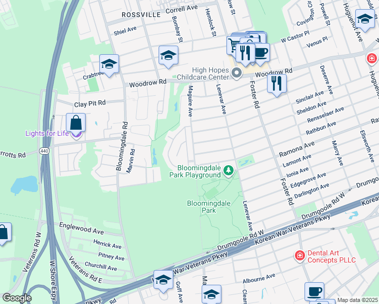 map of restaurants, bars, coffee shops, grocery stores, and more near 45 Santa Monica Lane in Staten Island
