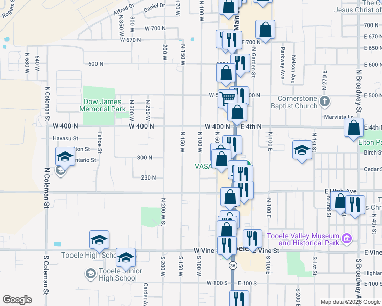 map of restaurants, bars, coffee shops, grocery stores, and more near 353 North 100 West in Tooele