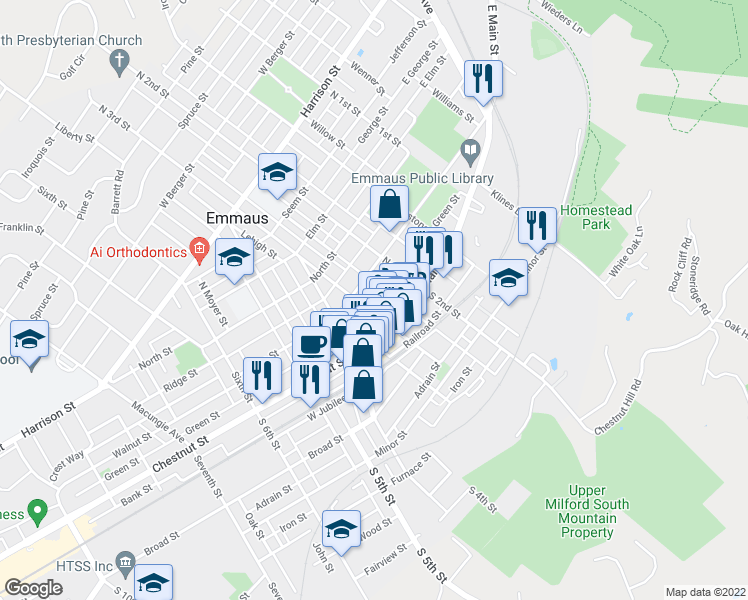 map of restaurants, bars, coffee shops, grocery stores, and more near 33 North 3rd Street in Emmaus