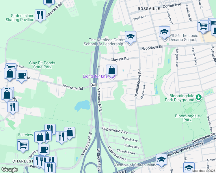 map of restaurants, bars, coffee shops, grocery stores, and more near 149 Sharrotts Road in Staten Island