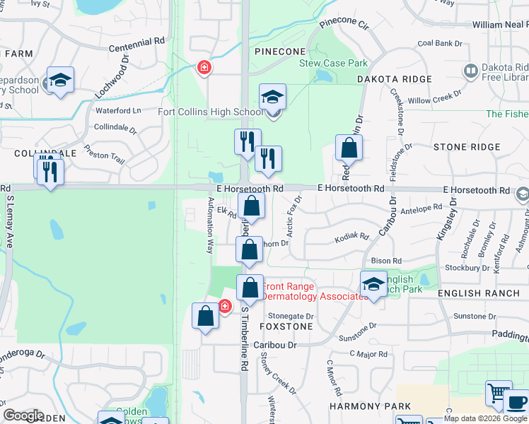 map of restaurants, bars, coffee shops, grocery stores, and more near 3644 South Timberline Road in Fort Collins