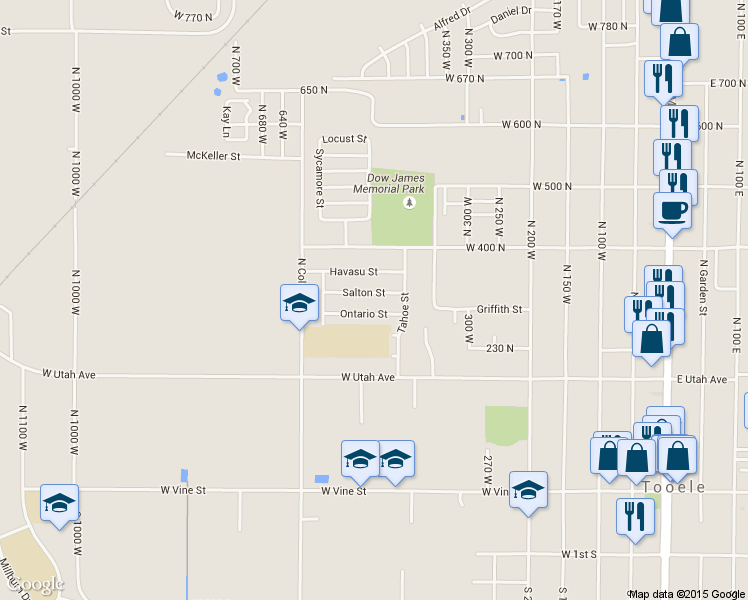 map of restaurants, bars, coffee shops, grocery stores, and more near 447 Salton Street in Tooele