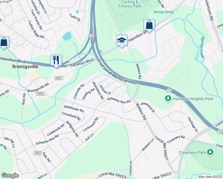map of restaurants, bars, coffee shops, grocery stores, and more near 8447 Saylor Court in Breinigsville