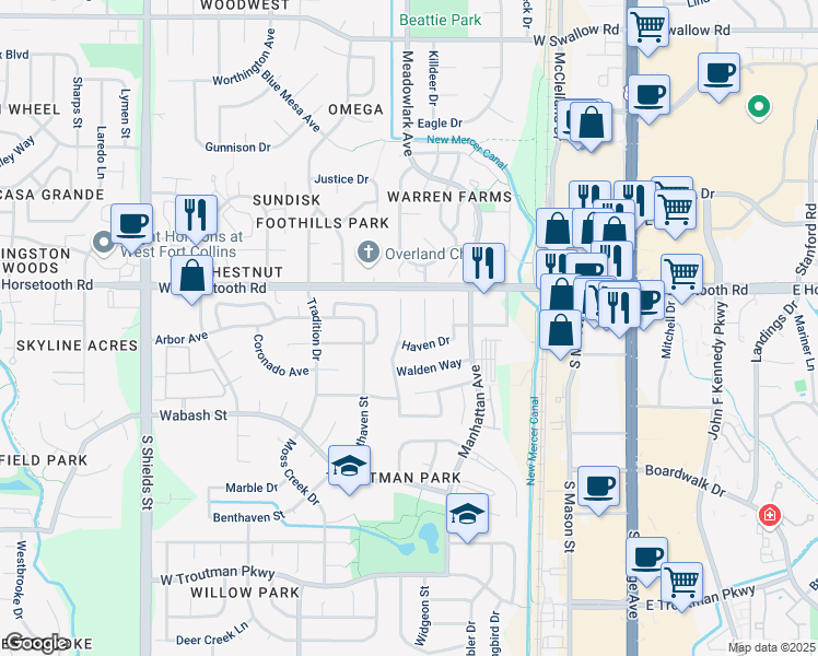 map of restaurants, bars, coffee shops, grocery stores, and more near 3621 Mayflower Court in Fort Collins