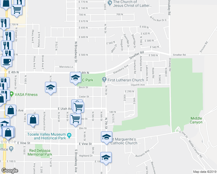map of restaurants, bars, coffee shops, grocery stores, and more near 534 Wasatch Avenue in Tooele