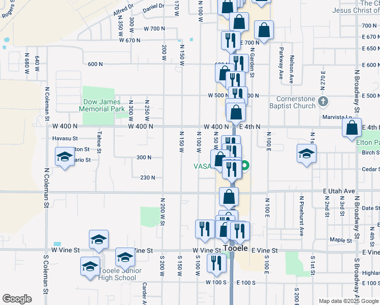 map of restaurants, bars, coffee shops, grocery stores, and more near 353 North 100 West in Tooele