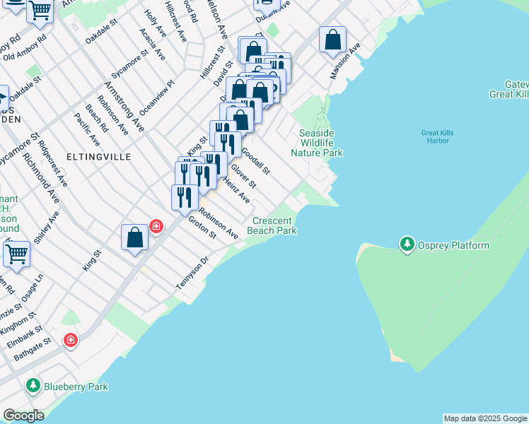 map of restaurants, bars, coffee shops, grocery stores, and more near 84 Glover Street in Staten Island