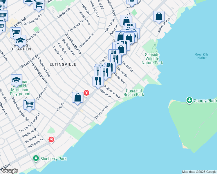 map of restaurants, bars, coffee shops, grocery stores, and more near 119 Armstrong Avenue in Staten Island