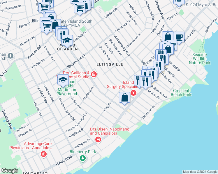 map of restaurants, bars, coffee shops, grocery stores, and more near 139 Ridgecrest Avenue in Staten Island