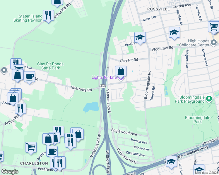 map of restaurants, bars, coffee shops, grocery stores, and more near 149 Sharrotts Road in Staten Island