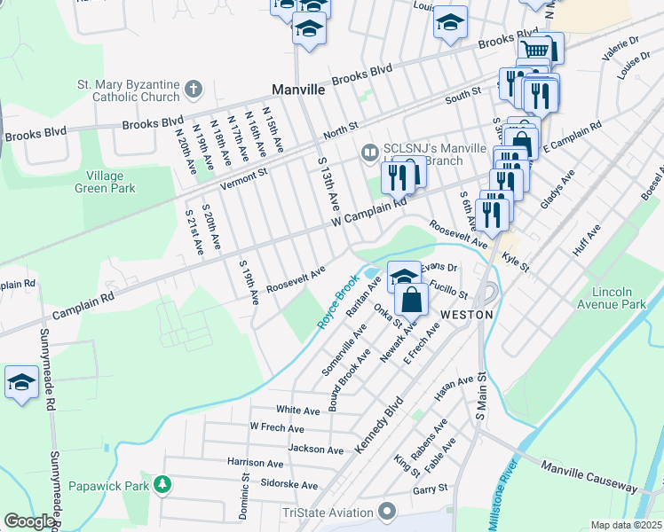map of restaurants, bars, coffee shops, grocery stores, and more near 1308 Roosevelt Avenue in Manville