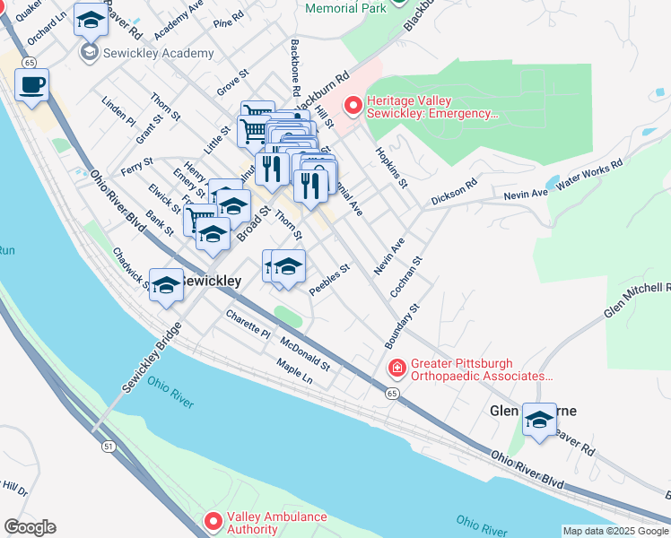 map of restaurants, bars, coffee shops, grocery stores, and more near 720 Beaver Street in Sewickley