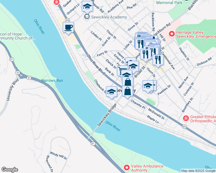 map of restaurants, bars, coffee shops, grocery stores, and more near 320 Ohio River Boulevard in Sewickley