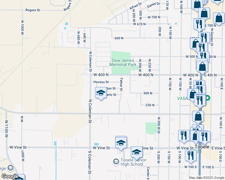 map of restaurants, bars, coffee shops, grocery stores, and more near 447 Salton Street in Tooele
