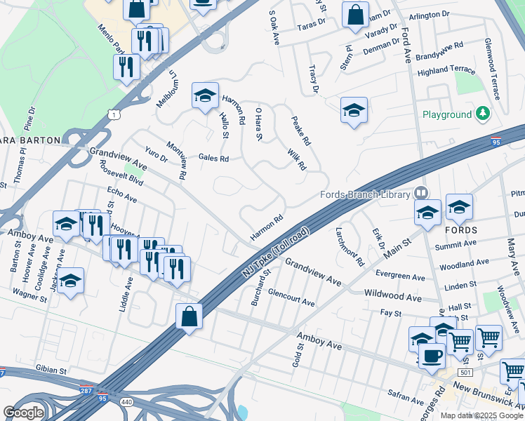 map of restaurants, bars, coffee shops, grocery stores, and more near 28 Bodnarik Road in Edison
