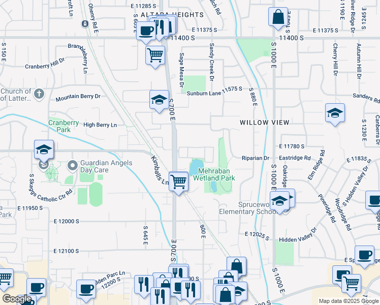 map of restaurants, bars, coffee shops, grocery stores, and more near 11803 Burkwood Lane in Draper