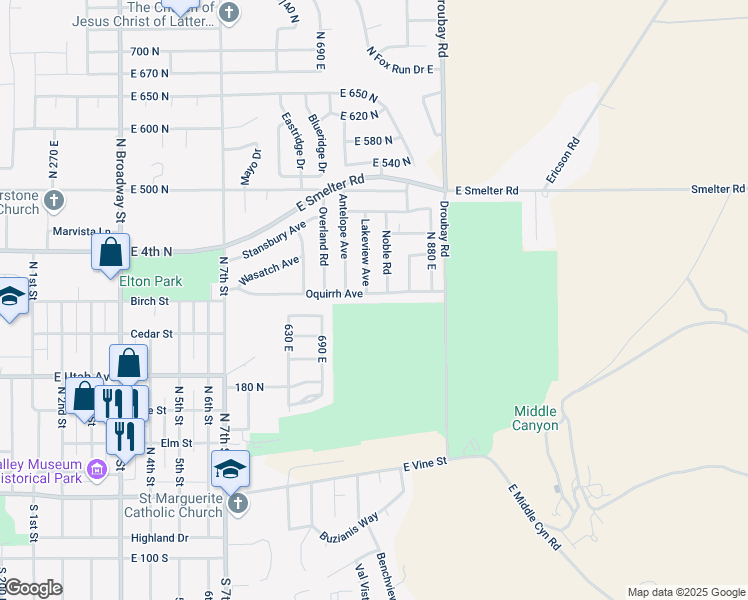 map of restaurants, bars, coffee shops, grocery stores, and more near 764 Oquirrh Avenue in Tooele