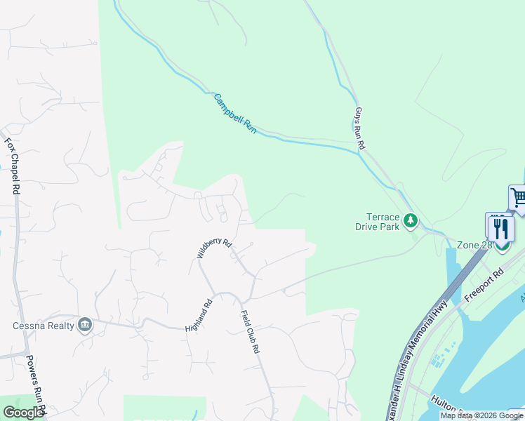 map of restaurants, bars, coffee shops, grocery stores, and more near 1 Overlook Drive in Pittsburgh