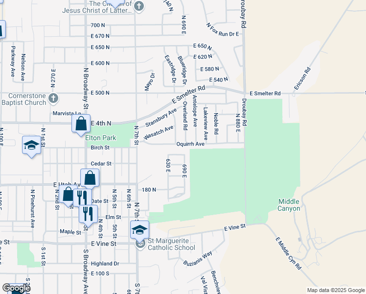 map of restaurants, bars, coffee shops, grocery stores, and more near 684 Oquirrh Avenue in Tooele
