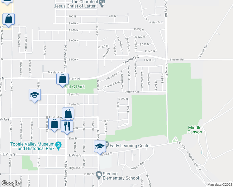 map of restaurants, bars, coffee shops, grocery stores, and more near 614 Oquirrh Avenue in Tooele