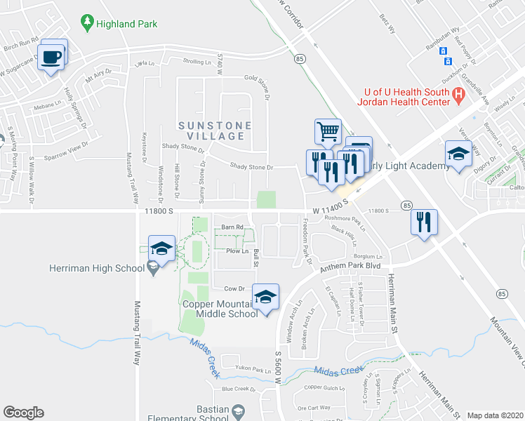 map of restaurants, bars, coffee shops, grocery stores, and more near 5675 11800 South in Herriman