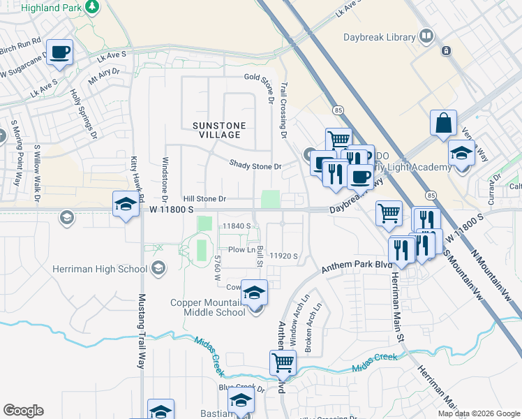 map of restaurants, bars, coffee shops, grocery stores, and more near 11800 South in Herriman