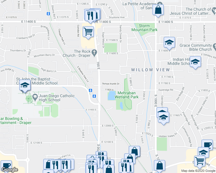 map of restaurants, bars, coffee shops, grocery stores, and more near 11803 Burkwood Lane in Draper