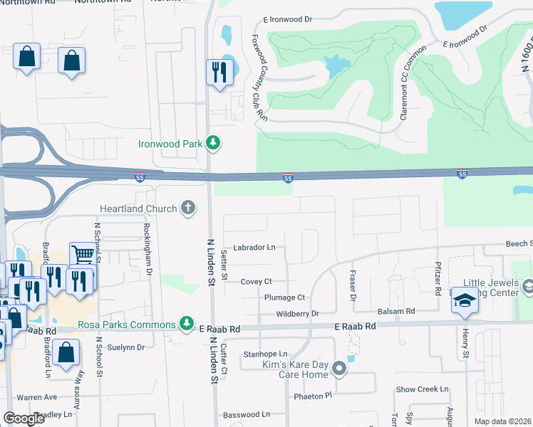 map of restaurants, bars, coffee shops, grocery stores, and more near 406 Bobwhite Way in Normal