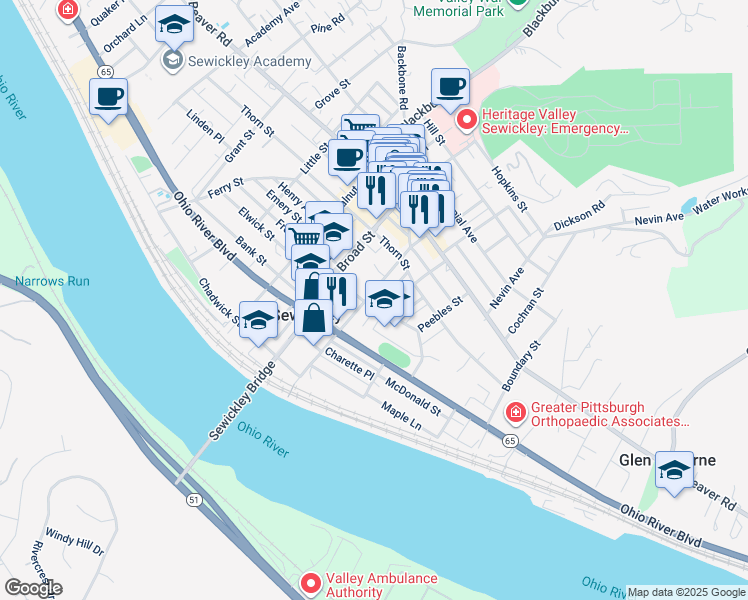 map of restaurants, bars, coffee shops, grocery stores, and more near 601 Harbaugh Street in Sewickley