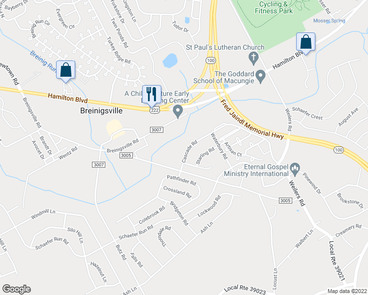 map of restaurants, bars, coffee shops, grocery stores, and more near 8689 Cascade Road in Breinigsville